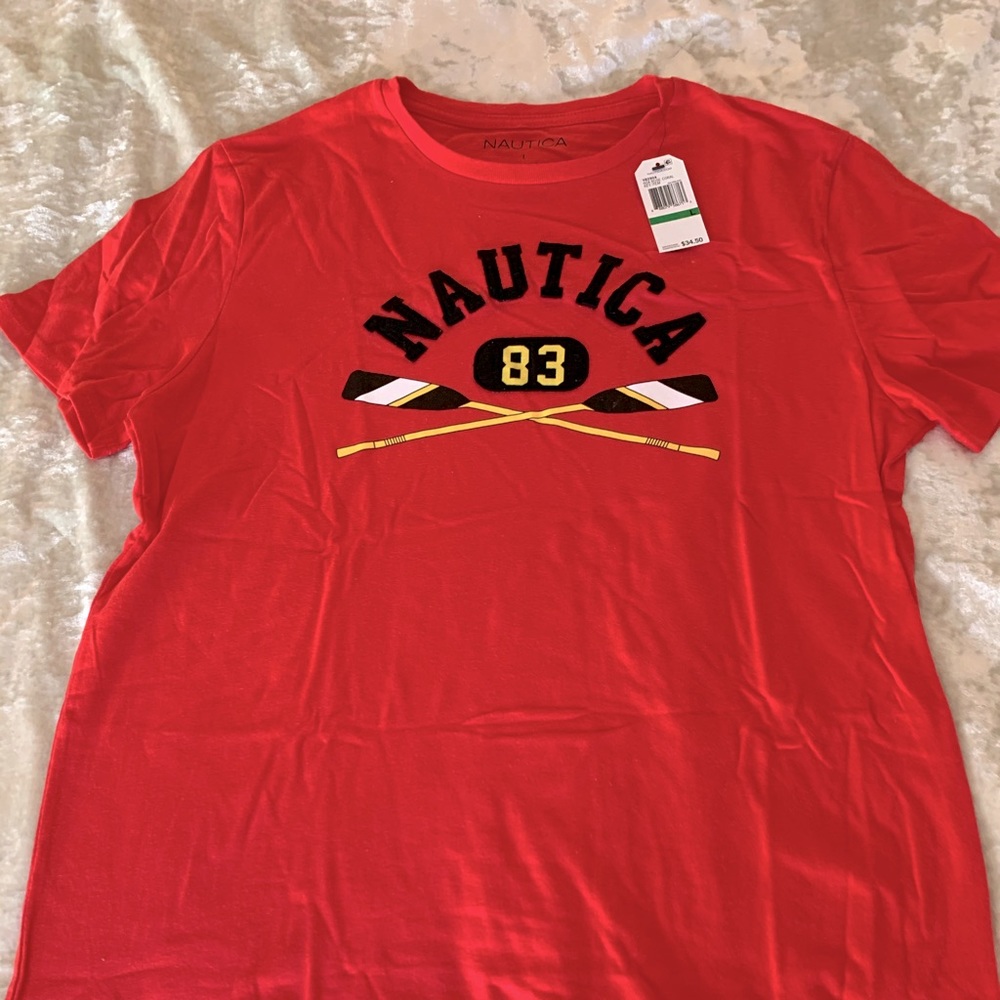 NWT Nautica T-Shirt in Soft Red with Black “Nautica” and Oar Design on the front